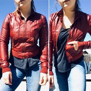 Red Cropped Faux Leather Jacket